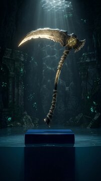 Celestial Sacred Relic Abyssal Steel Scythe Of Crono Crescent Of Aegea Levitating Above Sunken Pedestal