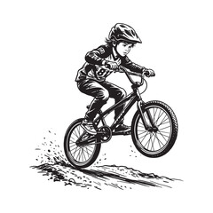 Naklejka premium Young Boy Performing BMX Bike Jump, Vintage Detailed Action Sports Engraving