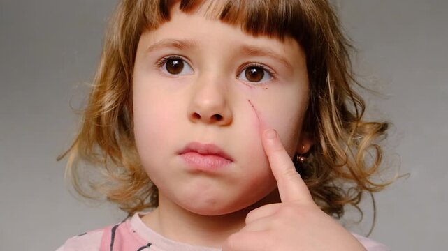 A scratch on a child face. Selective focus.