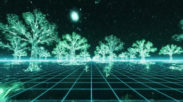 Glowing green wireframe trees on digital grid landscape background.