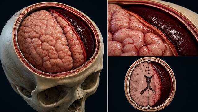 Subdural Hematoma with Intracranial Bleeding and Brain Compression, Medical Illustration