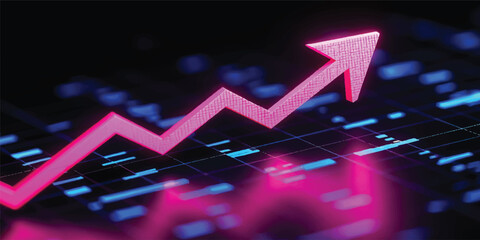 A 3d stock market chart illustration featuring a neon red line graph, arrow, and business design concept on a black background © Hena Akter