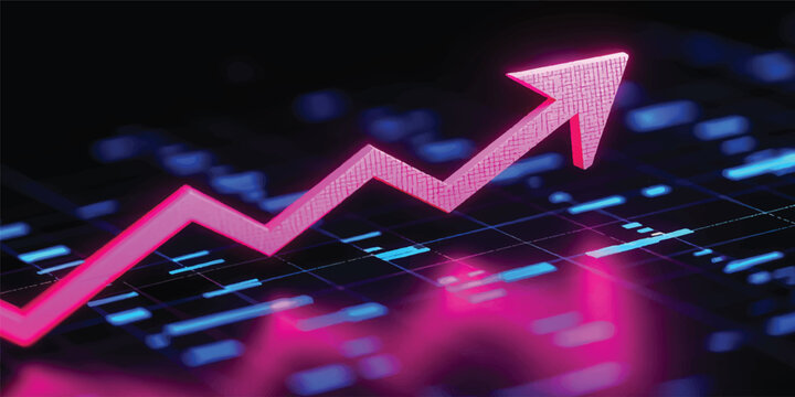 A 3d stock market chart illustration featuring a neon red line graph, arrow, and business design concept on a black background