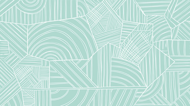 A soft mint green abstract background with intricate overlapping geometric line patterns of curves stripes and crosshatch creating a decorative texture