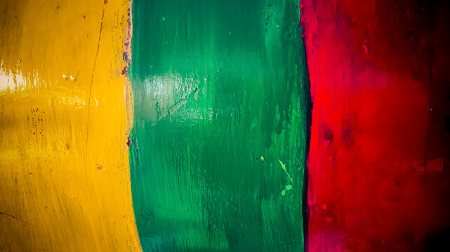 Abstract grunge wall texture in green yellow and red with peeling paint and cracked surface details, perfect for cultural backgrounds, Juneteenth visuals, street art, and creative copy space use.