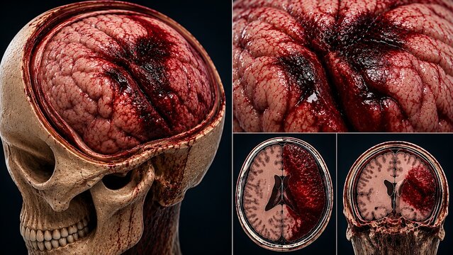 Traumatic Brain Injury with Severe Cerebral Damage and Intracranial Hemorrhage, Medical Illustration