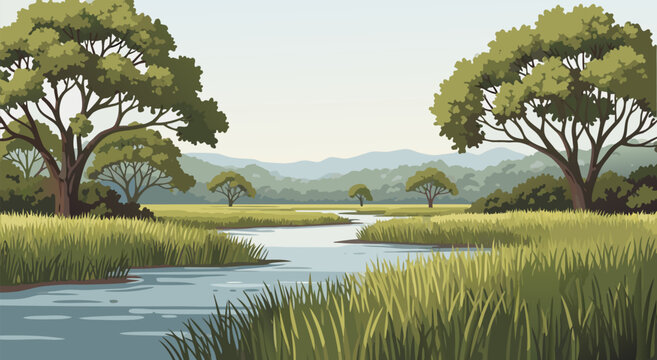 Serene savanna landscape with a winding river and acacia trees, a beautiful vector illustration of African nature