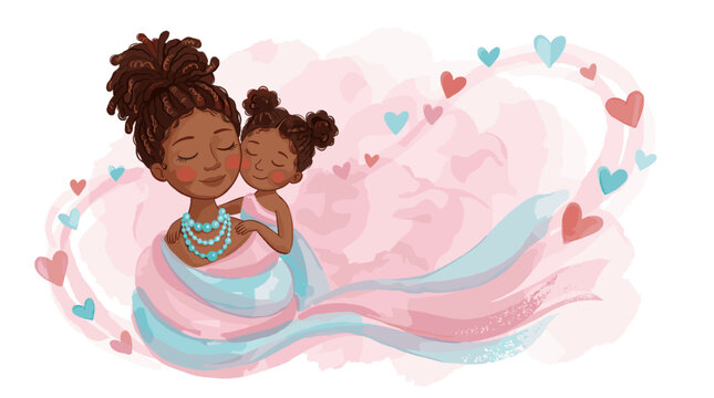 A sweet watercolor illustration of a Black mother with locs cuddling her young daughter surrounded by floating pink and teal hearts