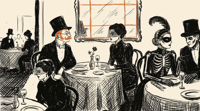 A dark vintage illustration of elegantly dressed Victorian people and a skeleton dining together at restaurant tables in a gothic masquerade setting