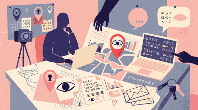 A mysterious spy or hacker concept illustration with laptops maps location pins eyes keys codes and a shadowy figure at a desk