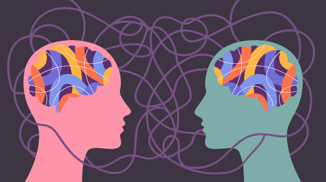 Two colorful human head silhouettes facing each other with vibrant brains connected by tangled purple lines representing shared thinking and empathy