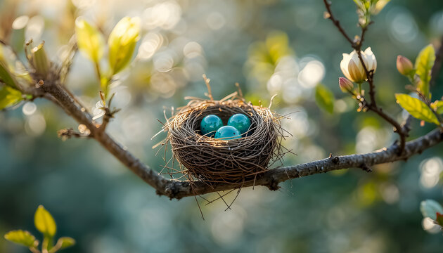 The selected region features a bird's nest constructed from dried twigs and grasses, nestled securely in the fork of a tree branch.