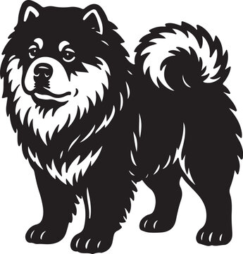Black and white chow chow dog silhouette illustration for breed logo and mascot graphics.