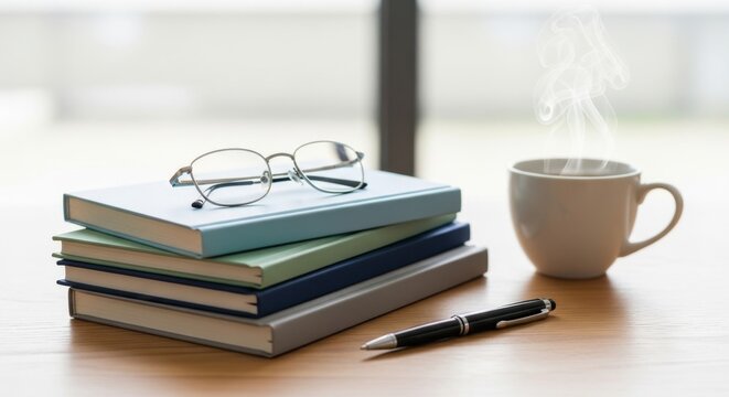 A stack of books with glasses on top rests on a wooden table next to a steaming cup of coffee and a pen