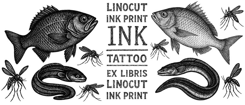 Fish, crucian carp, perch, eel, mosquito, tattoo, print, linocut stamp, ex libris, ink