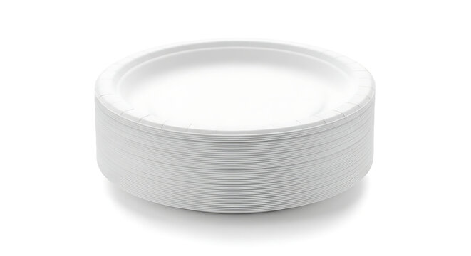 Stack of pure white disposable plates, perfectly round and eco-friendly, ready for use, isolated on a clean background