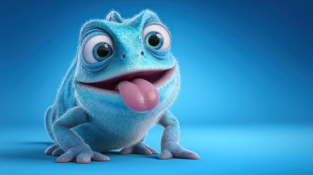 Adorable blue reptile character with large eyes and tongue sticking out smiles against a bright background