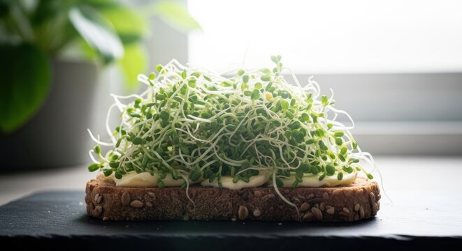 Healthy sprout sandwich with butter and seeds on whole grain toast