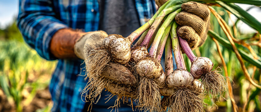Farmer shows freshly dug garlic with roots visible while standing in a green field during daylight. Hands are gloved and soil is clinging to the roots