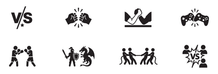 Naklejka premium Versus, Competition and Duel Icon Set. Battle, Confrontation, Boxing, Game and Fight Symbols. Vector illustration.