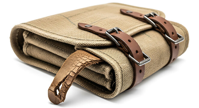 Canvas roll up tool organizer with leather straps isolated on white