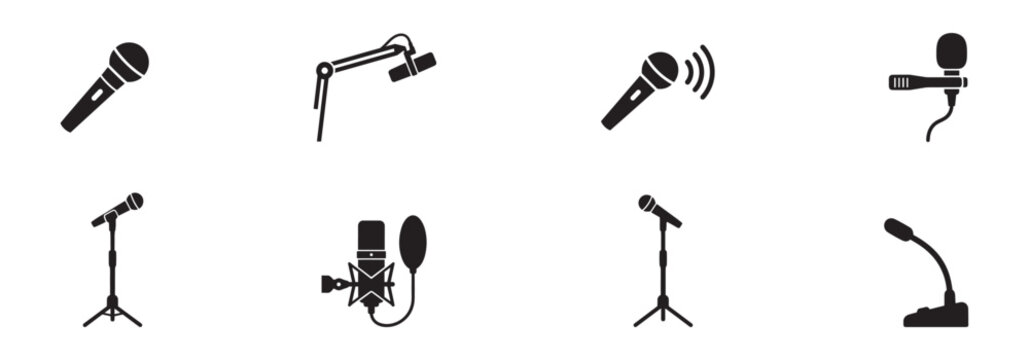 Microphone and audio recording equipment icon set. Stand mic, studio arm, lapel lavalier, podcast and stage symbols. Vector illustration.
