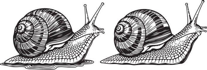Two garden snails crawling in a line illustration in black and white hand drawn sketch. © graphicaestyn