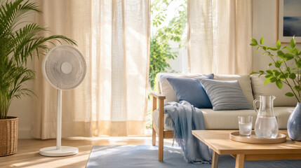 Fototapeta premium Floor fan in modern living room with tropical plant for vacation rental property listing