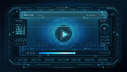 Fototapeta premium Futuristic media console interface with central play button, audio and video bus panels, cyan HUD controls, timeline, and dark grid background