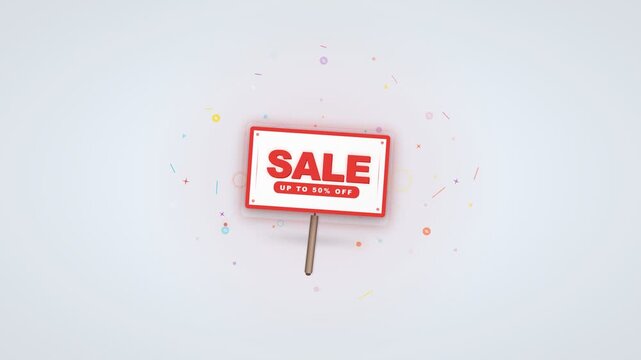 2D motion graphics animation of a red discount signpost text "Sale Up To 50% Off" with glowing neon outline and colorful confetti floating on a clean background.