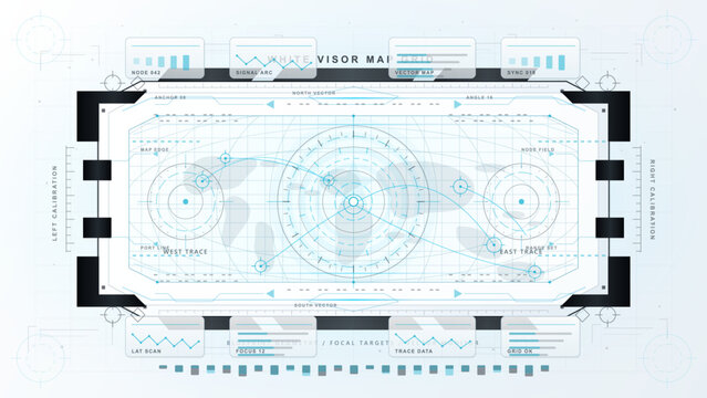 Futuristic white HUD visor map interface with blue grid, central targeting display, calibration marks, data panels and clean technical background