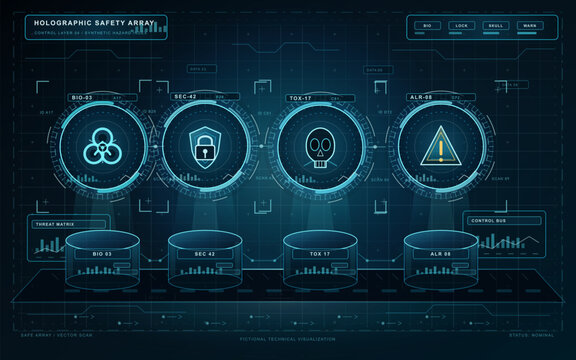 Holographic safety array HUD with biohazard, security, toxic and alert icons, circular scanners, data pods and dark technical grid background