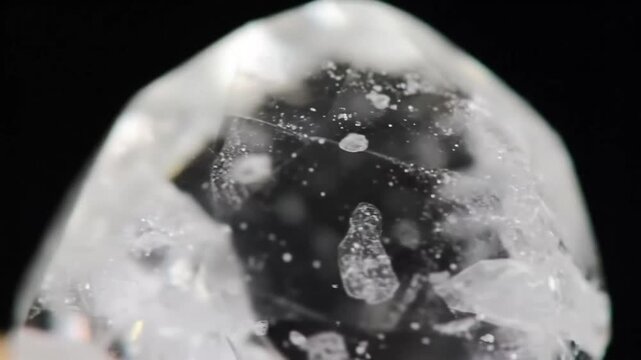 Close-up of a clear quartz crystal with internal inclusions.