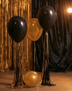 Medium shot of a blackandgold prom backdrop featuring oversized balloons and delicate tassels softly illuminated by a spotlight with a velvet curtain blurred in the background.