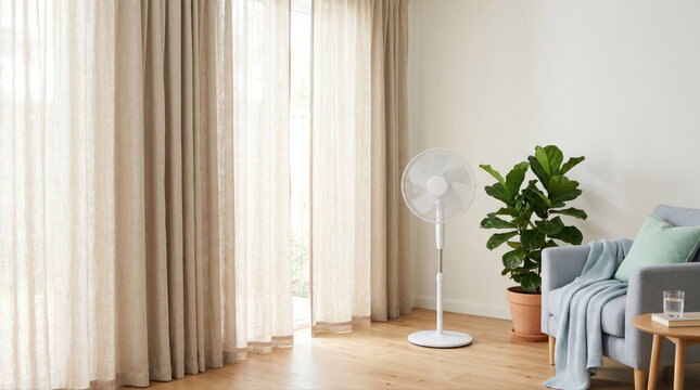 Pedestal fan next to grey armchair in minimalist home for eco friendly cooling lifestyle