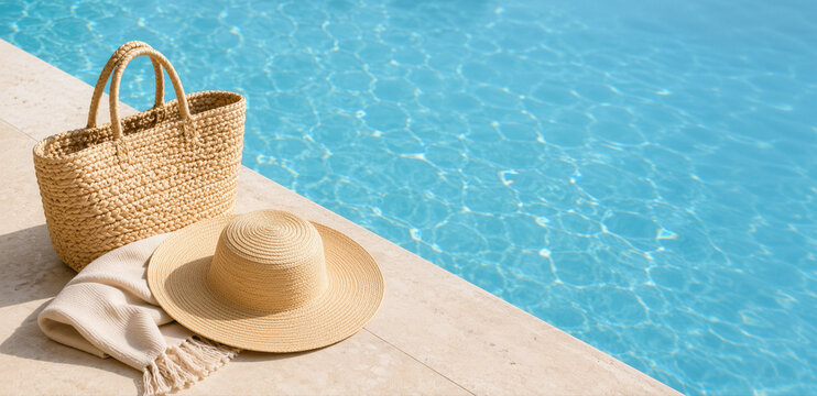 Woven bag and straw hat by swimming pool for summer boutique fashion marketing