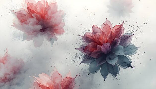 Abstract vector background with pink and purple watercolor dahlia flowers floating on smoke clouds