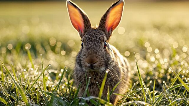 Timid Rabbit Freezes Mid-Hop in Dewy Meadow