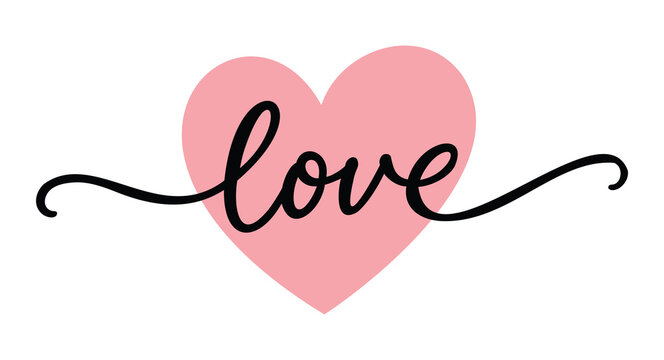 Elegant love lettering illustration with pink heart outline and cute bow accent. Romantic hand drawn typography design for Valentine&rsquo;s Day cards, wedding decor, apparel, stickers, mugs, and feminine b