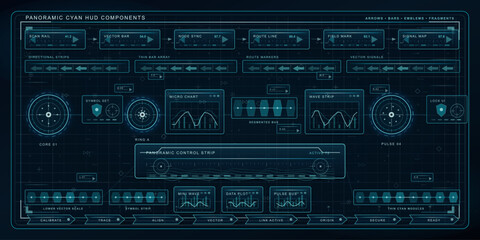 Fototapeta premium Panoramic cyan HUD component set with arrow bars, circular cores, micro charts, signal maps, vector strips, and dark grid interface layout