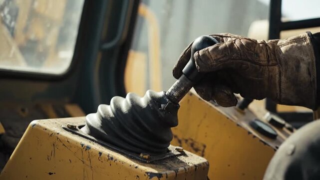 Close-up of a gloved hand operating heavy machinery controls.