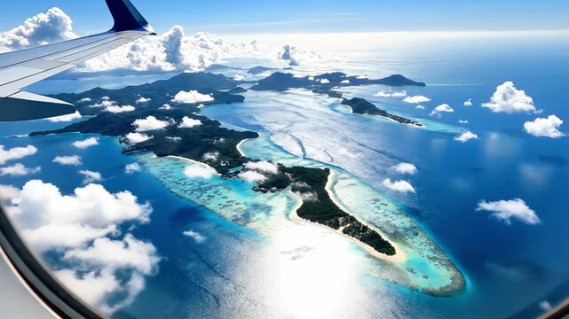 Aerial view of island with turquoise waters and white clouds from an airplane window