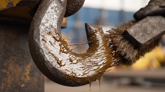 Close-up of a gloved hand cleaning a rusty metal hook with a wire brush.