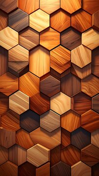 A honeycomb pattern made of various brown wooden hexagons