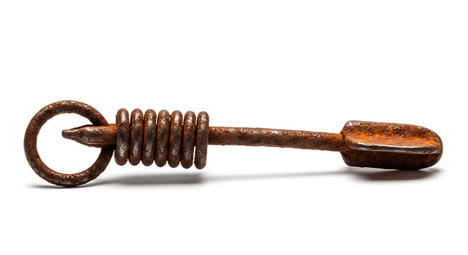 Isolated rusty spring mechanism with a ring and pointed end on white background