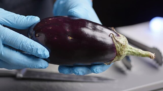 Hands in blue gloves hold a fresh eggplant, inspecting its surface and shape, with kitchen tools and a blurred background visible on a stainless steel countertop