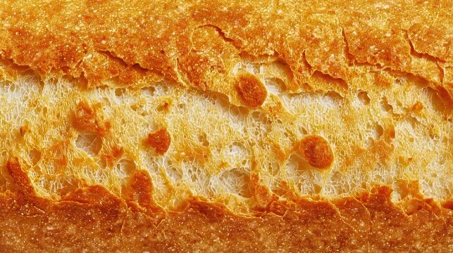 Close-up of crusty bread with textured golden-brown exterior and porous, airy interior. Warm tones