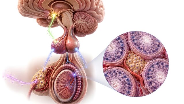 Hormonal regulation of testosterone through the hypothalamic pituitary gonadal axis.