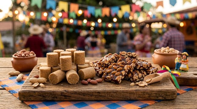 Assorted Brazilian traditional sweets including crumbly peanut pacoca and crunchy pe de moleque arranged beautifully, representing the authentic flavors of Festa Junina and regional cuisine.