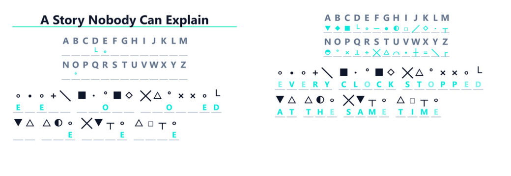 Kriptogram visual representation with symbols and letters on white background  